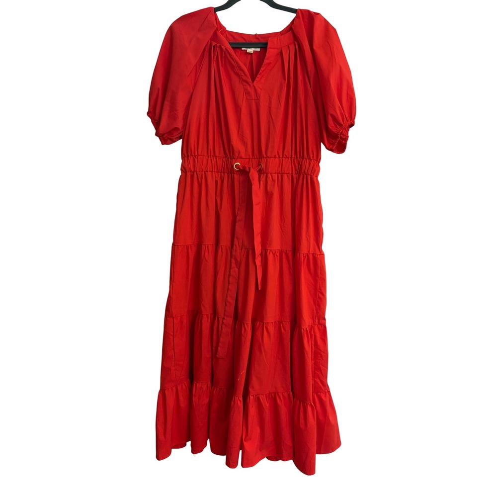 New Indigo Rose Red Tiered Puff Sleeve Maxi Dress sz Large Smocked Waist Boho‎